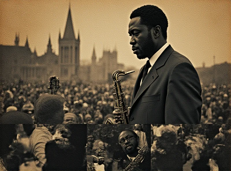 Still from the documentary 'Soundtrack for a Coup d'État' showing archival footage and jazz musicians.