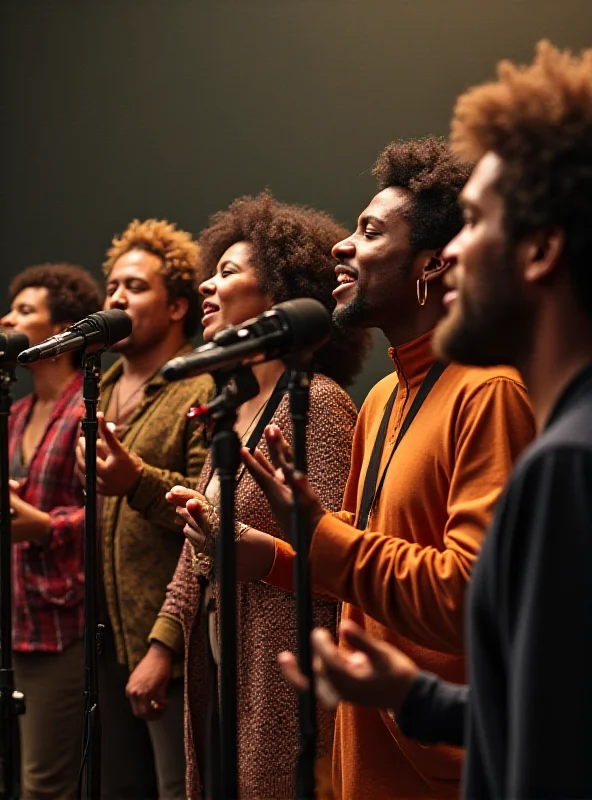 Group of famous musicians singing We Are The World in a recording studio.