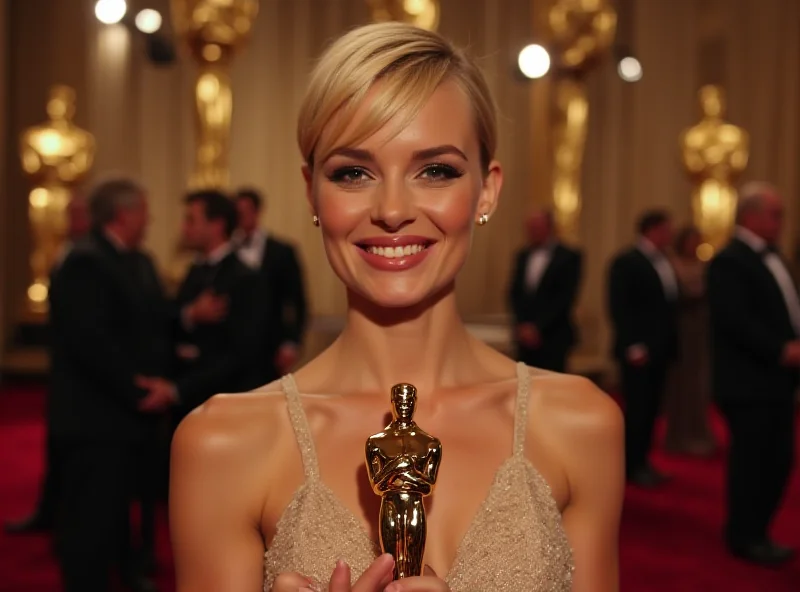 Mikey Madison holding her Oscar award with a bright smile.