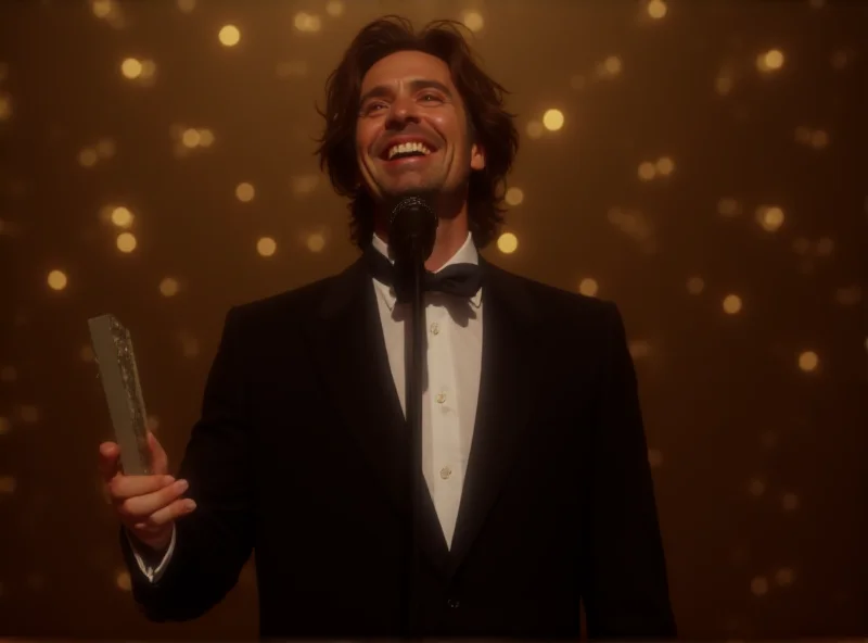 Adrien Brody stands on stage at the Oscars holding his award, smiling broadly, a long microphone in front of him, bright stage lights behind him.