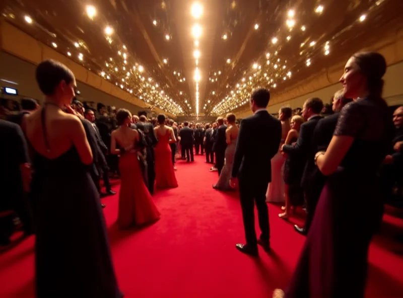 A glamorous red carpet scene at the Oscars, with celebrities in elegant attire posing for photographers.