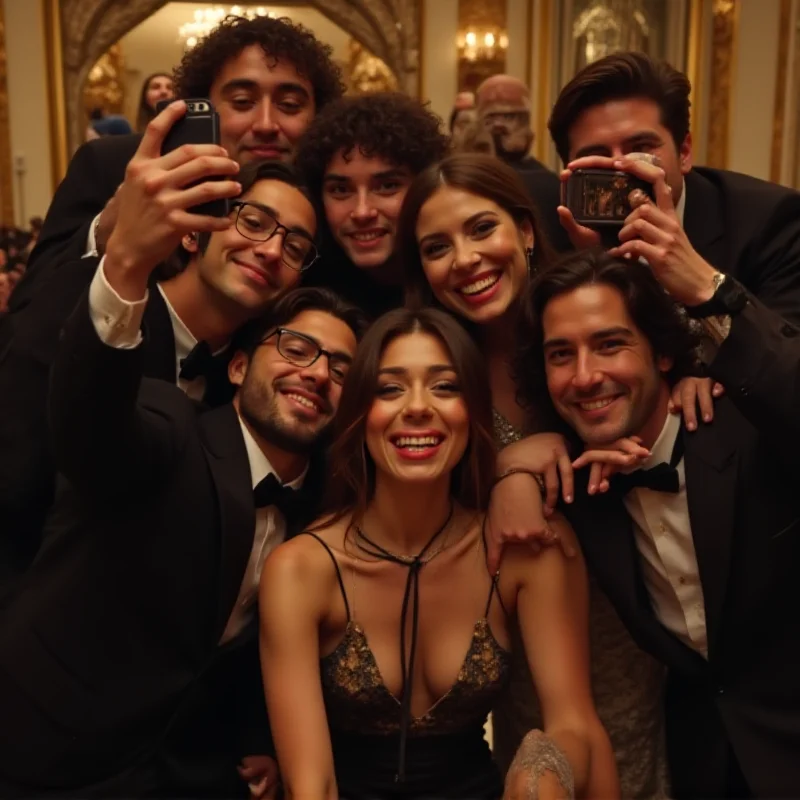 A candid shot of several celebrities, including Timothée Chalamet and Ariana Grande, smiling and taking selfies at the Oscars.