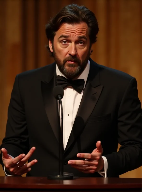 Close-up shot of Adrien Brody at a podium, passionately delivering his acceptance speech at the Oscars. The background is blurred, focusing on his expressive face and gestures.