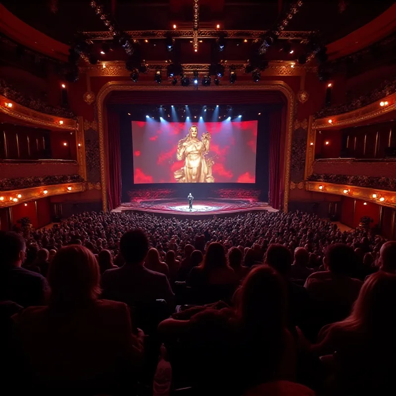 Wide shot of the Dolby Theatre during the Oscars ceremony, showing the audience, stage, and large screen displaying the event. Bright lights and glamorous atmosphere.