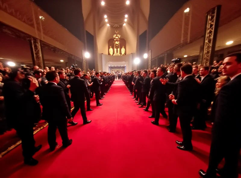 A wide shot of the Oscars red carpet, filled with celebrities in formal attire, photographers, and bright lights. The backdrop features the Oscars logo.