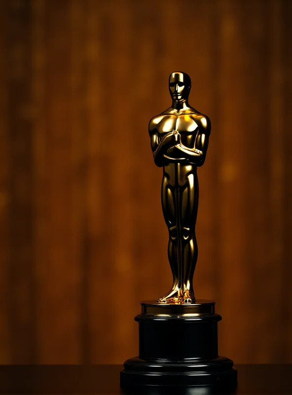 Close up on an Oscar statue, highlighting its gold surface and art deco design. The background is blurred, creating a sense of importance and focus on the award.