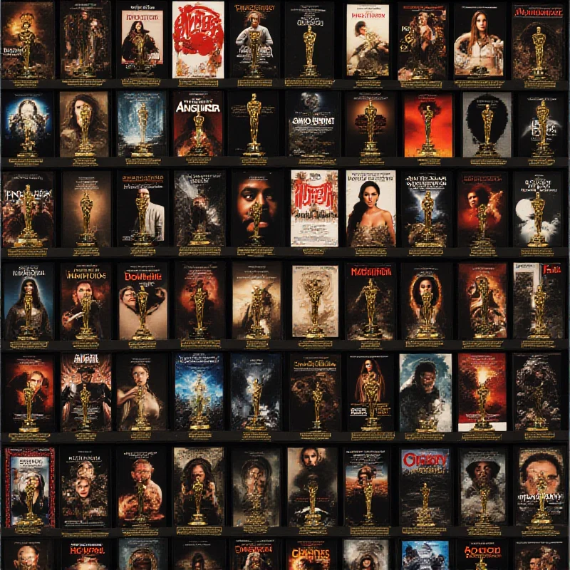 A collage of film posters representing the winning movies from the 2025 Oscars, including Anora, The Brutalist, and Emilia Perez. The posters are arranged in a visually appealing layout.