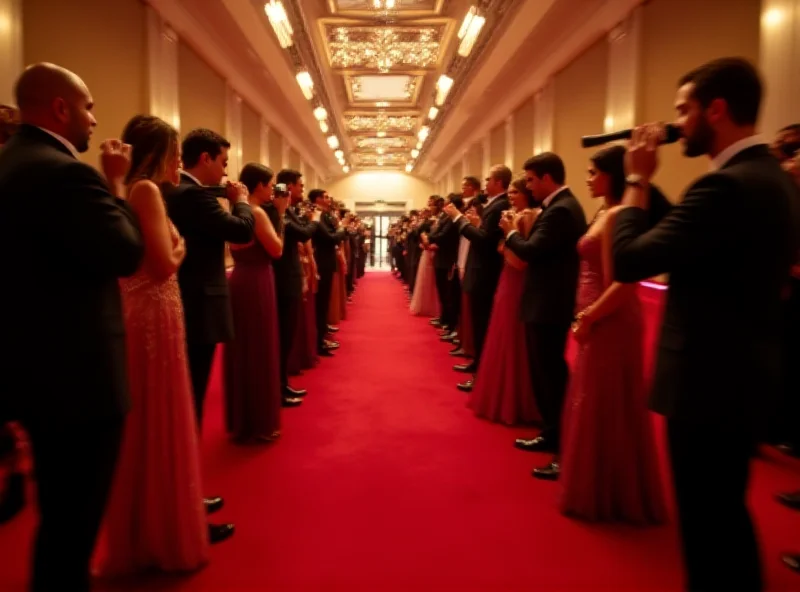 A panoramic view of the Oscars red carpet, filled with celebrities in elegant gowns and tuxedos, photographers flashing cameras, and a general atmosphere of excitement and glamour.