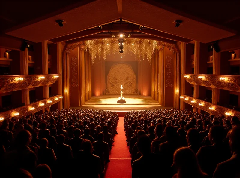 A wide shot of the Dolby Theatre during the Oscars ceremony, showing the stage, the audience, and the overall grandeur and elegance of the event.