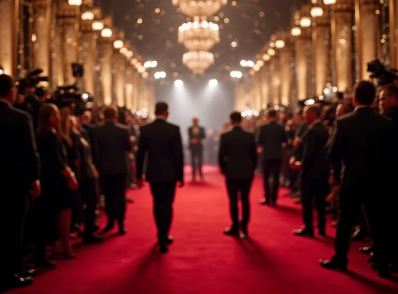 Wide shot of the Oscars red carpet with celebrities arriving and posing for photos.