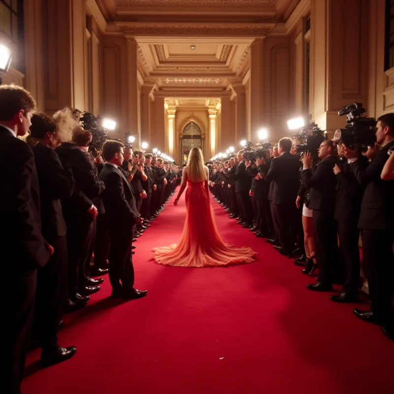 A wide shot of the red carpet at the 2025 Oscars, showing celebrities arriving and being photographed.