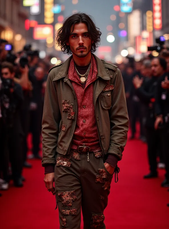 Timothée Chalamet wearing a unique outfit on a red carpet, surrounded by photographers