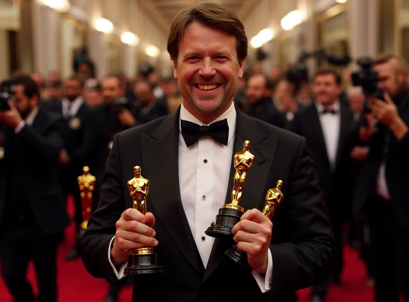 Sean Baker holding four Oscars statuettes, smiling broadly on the red carpet.