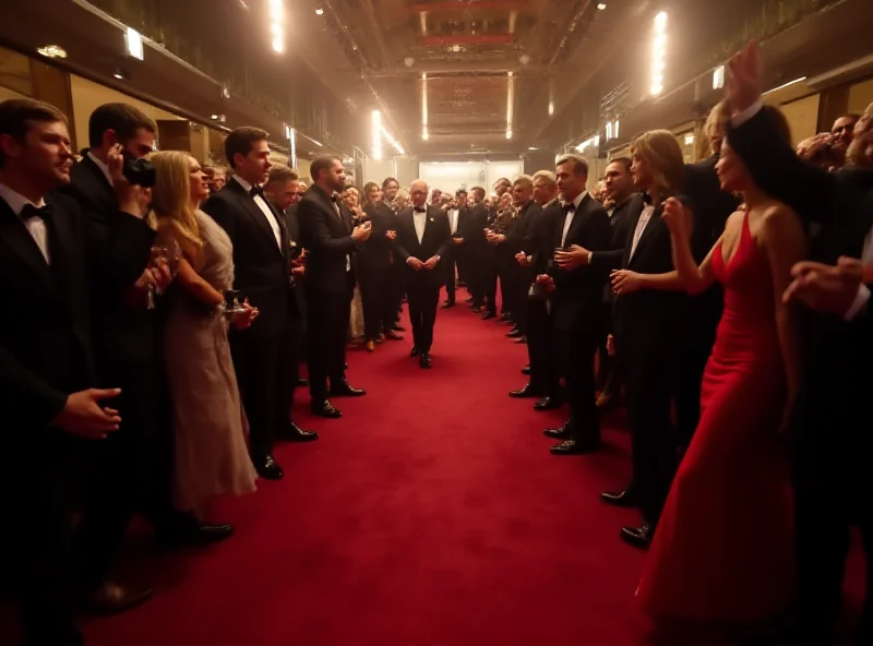 A wide shot of the red carpet at the Oscars, showcasing various attendees in formal wear, photographers snapping pictures, and bright lights.