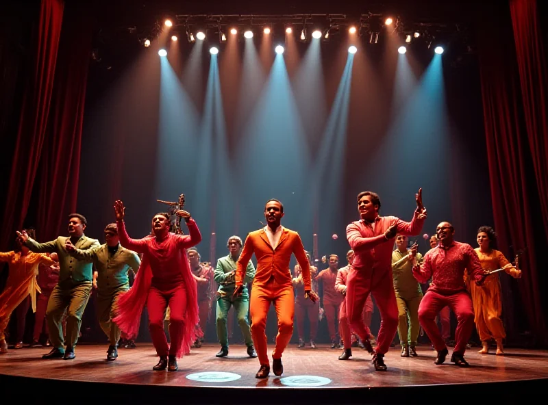 A vibrant Broadway-style musical performance on the Oscars stage, honoring Quincy Jones. Dancers in colorful costumes are arranged in dynamic poses, with spotlights shining on a central performer.