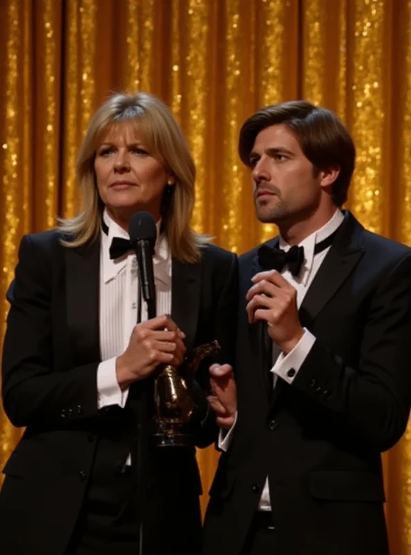 A medium shot of Goldie Hawn and Andrew Garfield presenting an award at the Oscars. Goldie Hawn is speaking into the microphone with a serious expression, while Andrew Garfield looks on with concern. The backdrop is a shimmering gold curtain.