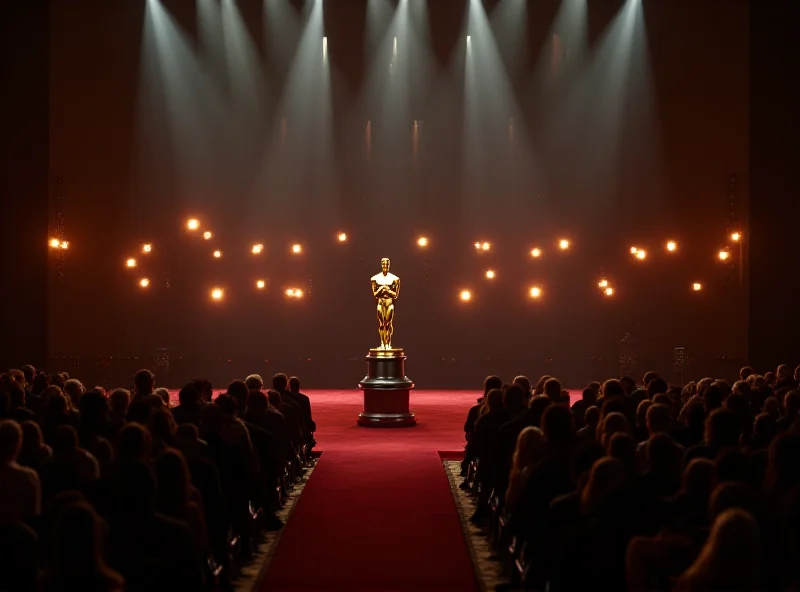 A wide shot of the Oscars stage, with the winners lined up to receive their awards. The atmosphere is celebratory, with flashing lights and cheering from the audience. The iconic Oscar statuettes are prominently displayed.