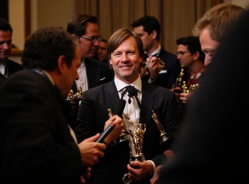 Director Sean Baker backstage at the Academy Awards, surrounded by reporters, holding multiple Oscars.