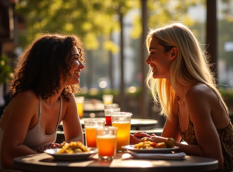 Amelia Dimoldenberg and Mikey Madison enjoying brunch at a sunny outdoor cafe.