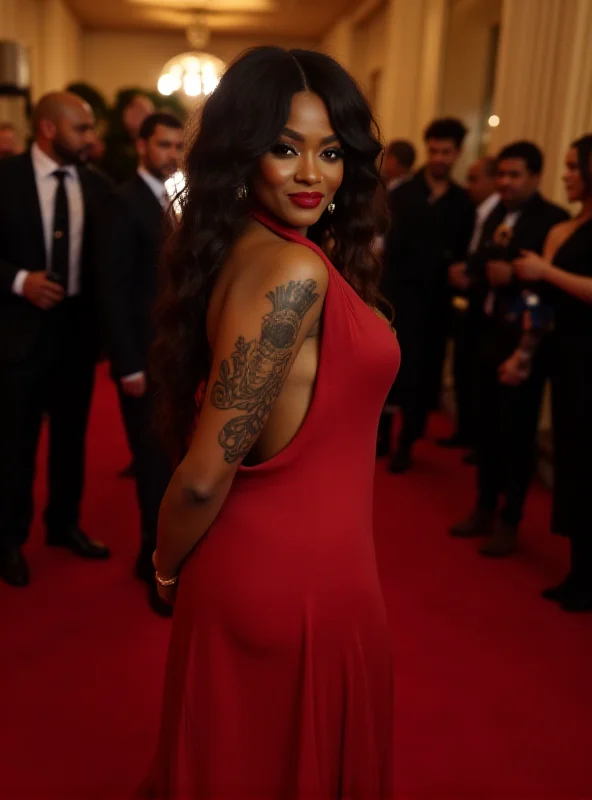 Cynthia Erivo at an Oscars afterparty, wearing a backless dress revealing a large back tattoo.