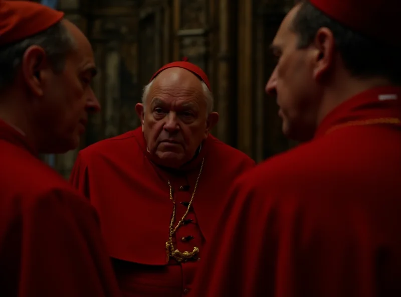 Dramatic scene from the film 'Conclave', showing cardinals in deep discussion.