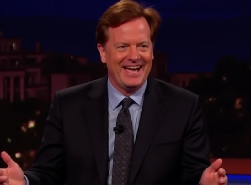 Conan O'Brien on a talk show set, smiling and gesturing with his hands.