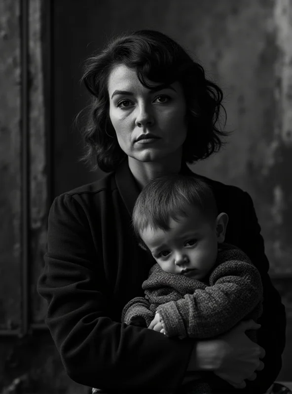 A black and white still from the movie 'The Girl with a Needle', showing a somber scene with a woman holding a child.