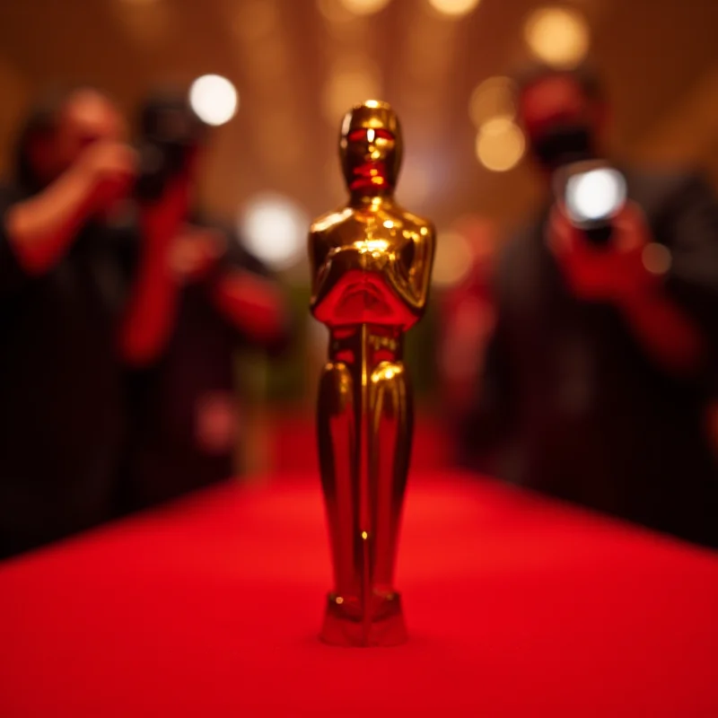 A golden Oscar statue standing on a red carpet with photographers in the background.