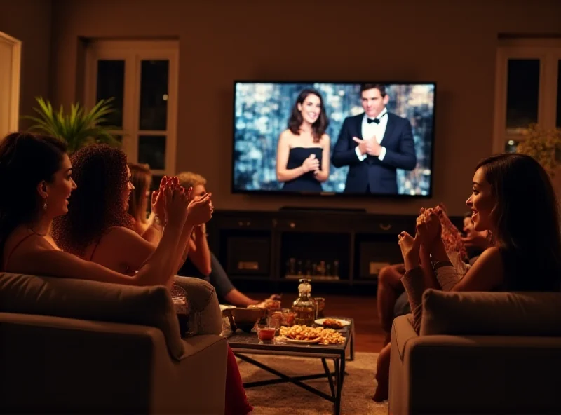 Crowd watching the Oscars on television at home, excited expressions, snacks on table, modern living room, warm lighting.