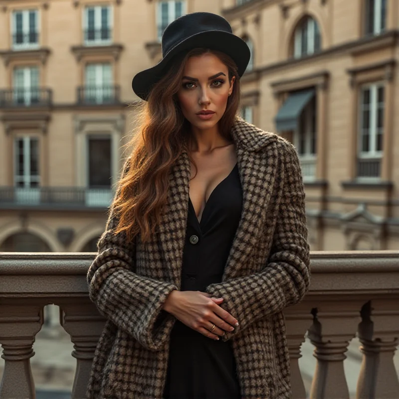 Fernanda Torres posing elegantly in Chanel attire, Parisian backdrop, classic French architecture, sophisticated atmosphere, soft lighting, high-fashion photoshoot.