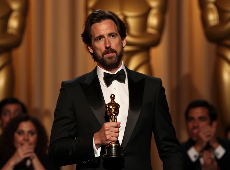 Adrien Brody at the Oscars, looking surprised and holding his award. The background shows the audience in formal wear.