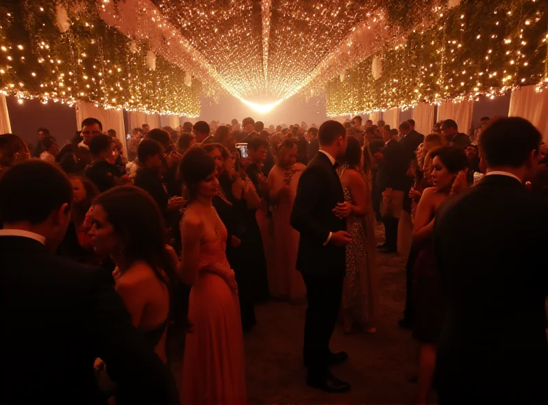 A wide shot of the Vanity Fair Oscars after-party, showing celebrities in various glamorous and daring outfits. The background is filled with lights and decorations.