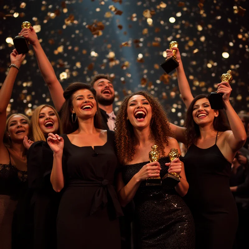 Group of actors celebrating together at an awards show.