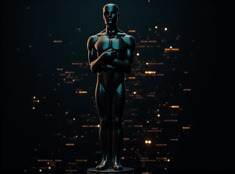 AI rendering of an Oscar statue partially made of circuit boards and digital code.