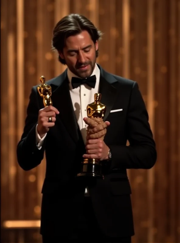 Adrien Brody holding his Oscar statuette on stage