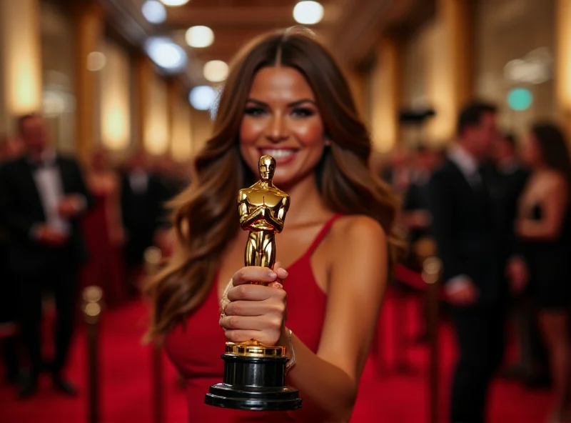 Mikey Madison holding her Oscar statuette, smiling radiantly on the red carpet.