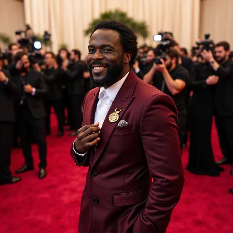 Colman Domingo poses on the red carpet at the 2025 Oscars, wearing a Valentino outfit. He is smiling confidently.