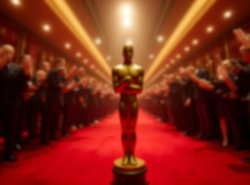 Golden Oscar statue on a red carpet, with a blurred background of cheering crowds.