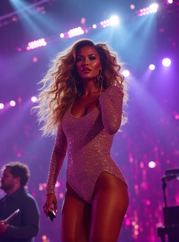 Beyoncé performing on stage in a sparkling outfit, bathed in bright stage lights.