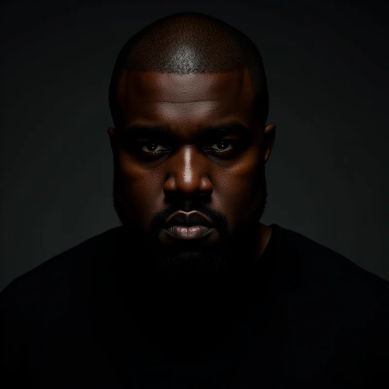 Close-up portrait of Kanye West, looking directly at the camera with a serious expression.