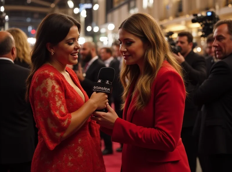 Amelia Dimoldenberg interviewing a celebrity on the Oscars red carpet.