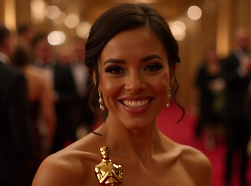 Mikey Madison holding her Oscar award, smiling brightly, with a blurred background of the awards ceremony.