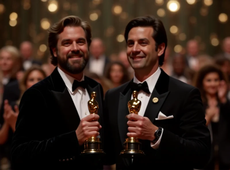 Basel Adra and Yuval Abraham holding their Oscar.