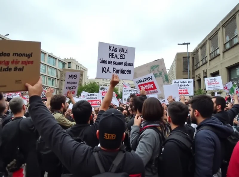 A diverse group of people holding pro-Palestinian signs at a protest.