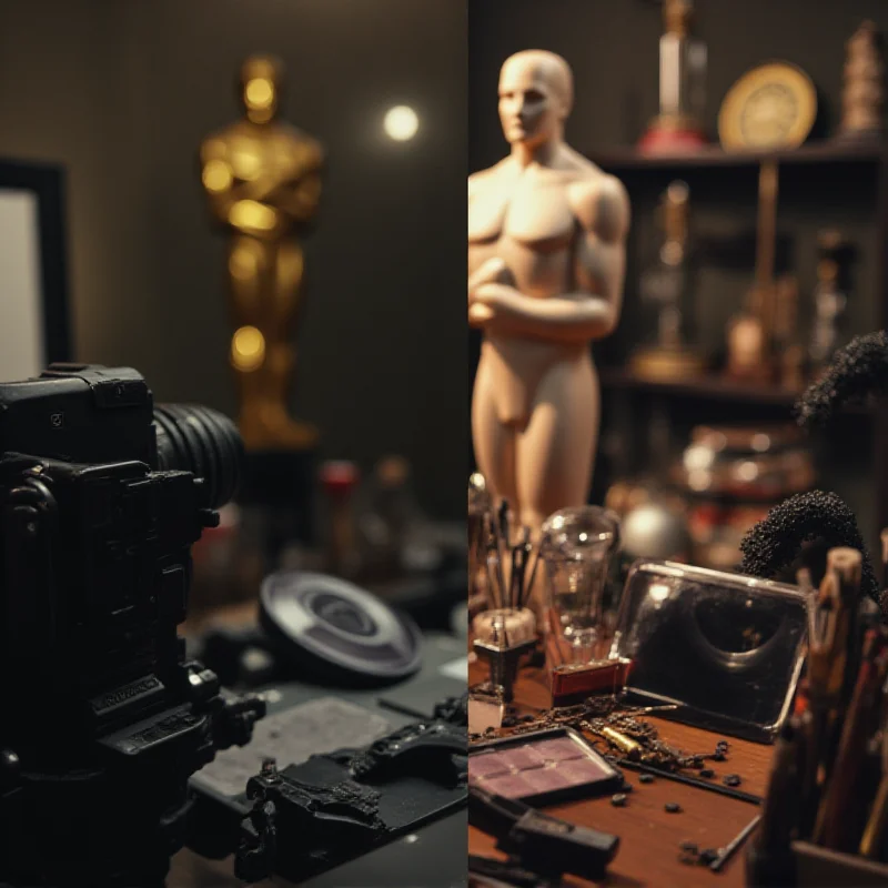 A split image showing traditional film making equipment and makeup brushes with the Oscar statue in the background