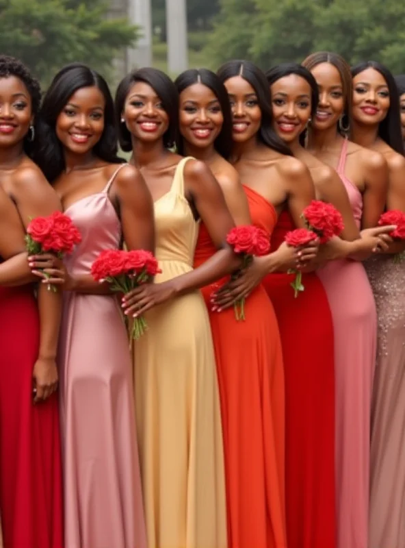 A group of women in formal dresses stand in a line holding roses.