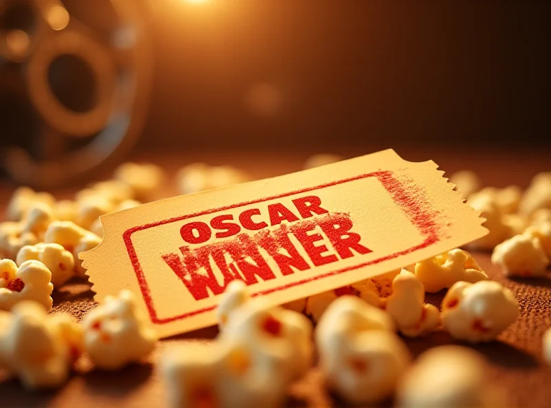 A movie ticket with 'Oscar Winner' stamped on it, surrounded by popcorn and film reels.