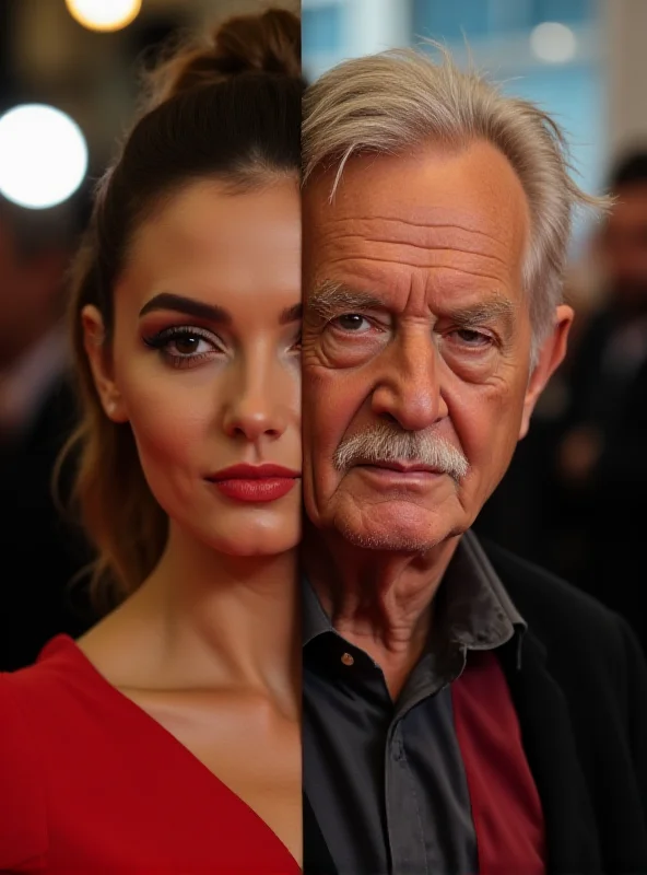 A split image showing a very young actress on one side and an older male actor on the other side of the screen, suggesting ageism in Hollywood. 