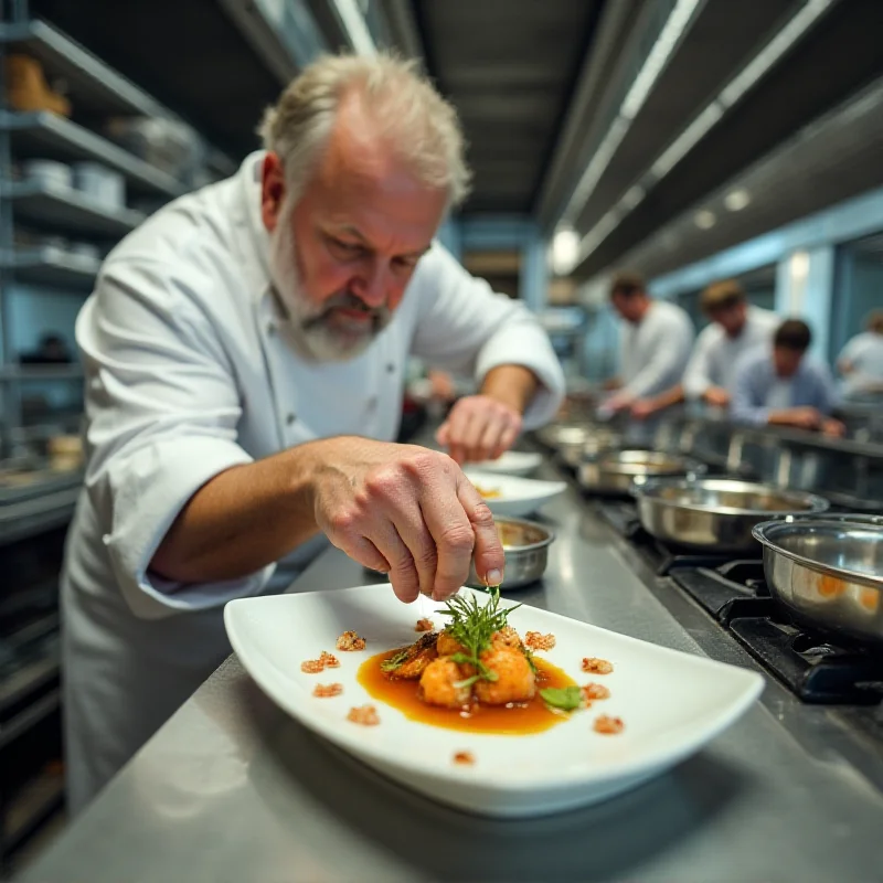 A close-up shot of Chef Wolfgang Puck meticulously plating a dish in a busy kitchen, with other chefs working in the background during the Oscar dinner preparation.