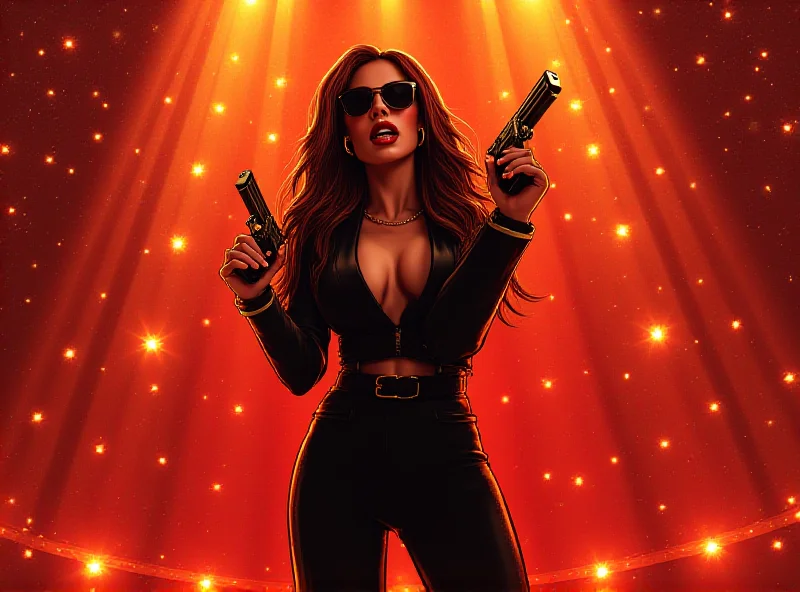 Illustration of Lisa from BLACKPINK dressed as a Bond girl, holding a golden gun, with the Oscars stage in the background.